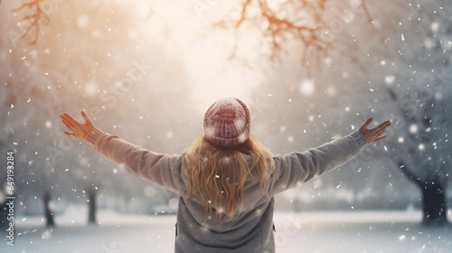 In a snow-covered winter, amidst the radiant outdoors, a girl throws snow towards the sky with arms wide open, exuding happiness and joy - Generative AI