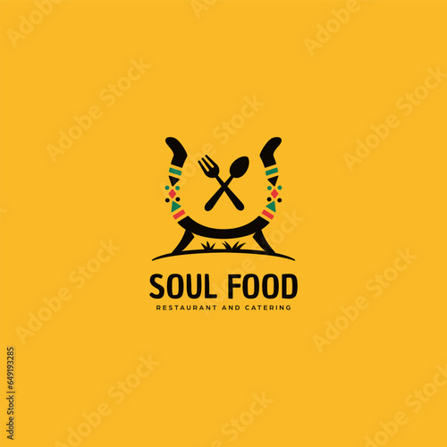 soul food kitchen and catering business logo template of ethnic african american cultural food and restaurant logo with hot pot and african pattern decoration