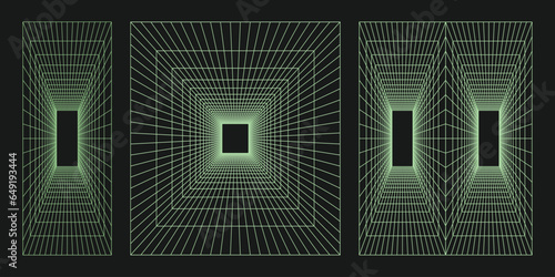 Cyber grid set, retro punk perspective rectangular tunnel. Mesh tunnel geometry on black background. Trendy psychedelic vector elements for design