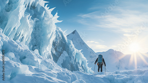 A lone mountaineer scaling a steep, icy cliff face against the backdrop of a towering glacier