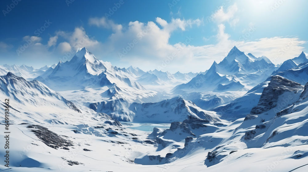 Panoramic view of snowy mountains in the clouds. Winter landscape - Generative AI