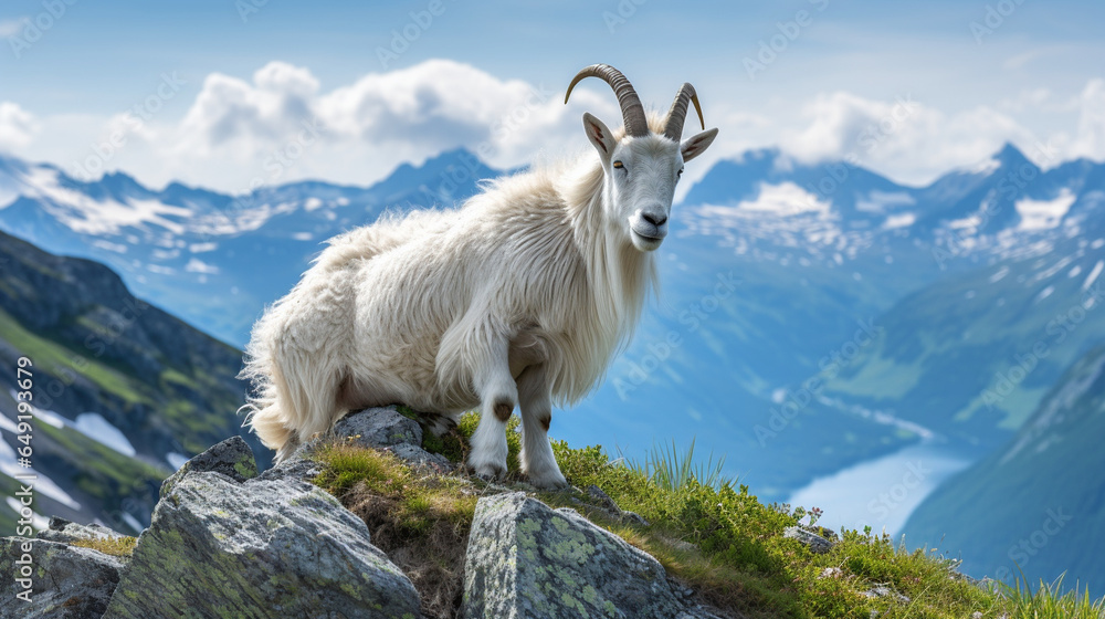 A mountain goat perched on a rocky outcrop, surveying its breathtaking alpine kingdom