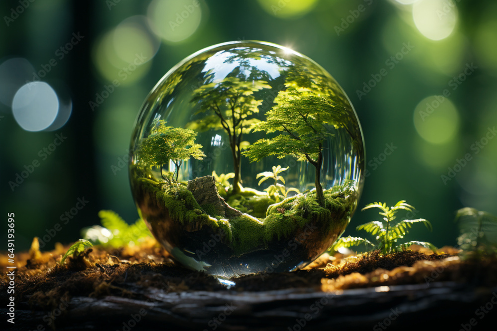 Glass globe encircled by verdant forest flora, symbolizing nature, environment made with AI