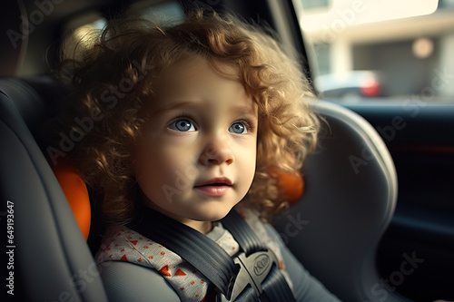 Candid Capture of a Little Blonde American Kid in Child Seat, Enjoying a Family Car Journey. created with Generative AI