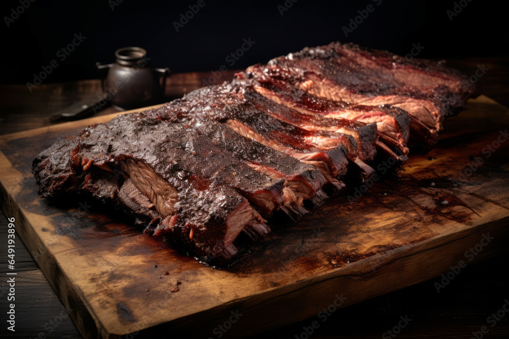Roasted or grilled Texas style BBQ ribs on a wooden tray, close up view.generative ai
 - obrazy, fototapety, plakaty 