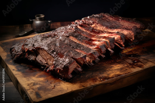 Fototapeta Roasted or grilled Texas style BBQ ribs on a wooden tray, close up view
