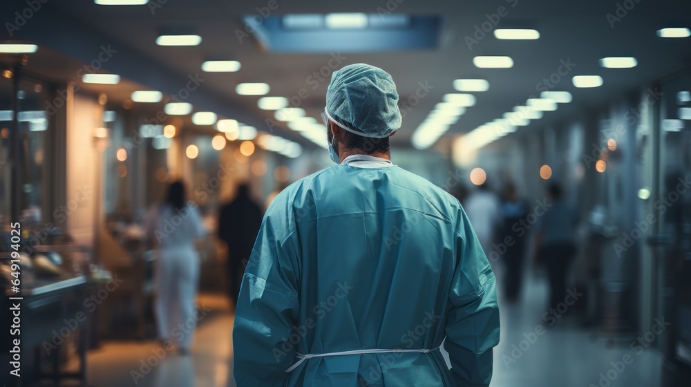 Rear view of a surgeon wearing a sterile gown or surgical gown while walking in the operating room.,Surgeon or doctor wearing protective clothing walking towards operating room in hospital. Rear view of a surgeon wearing a sterile gown or surgical gown while walking in the operating room.,Surgeon or doctor wearing protective clothing walking towards operating room in hospital.