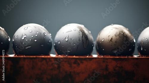 Steel ball bearings with water droplets, rusty iron corrosion, isolated minimal background, smooth round spheres, minimalism industrial abstract - generative AI