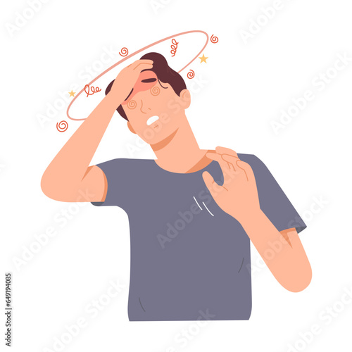 Man felt dizzy while walking and fainted. Symbol of dizziness, headache, brain pain. Adult feel dizzy from stress. Hand drawn vector character illustration. Isolated on white background.