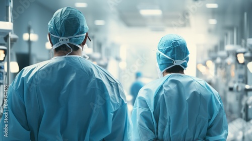 Rear view of a surgeon wearing a sterile gown or surgical gown while walking in the operating room.,Surgeon or doctor wearing protective clothing walking towards operating room in hospital.