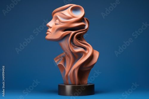 Sculpture of a woman portrait of very bright colors made of fiberglass on a dark black background in the colors terracotta and blue photo