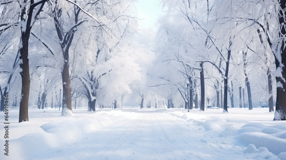 Fototapeta premium Snowstorm in park, winter landscape - Generative AI