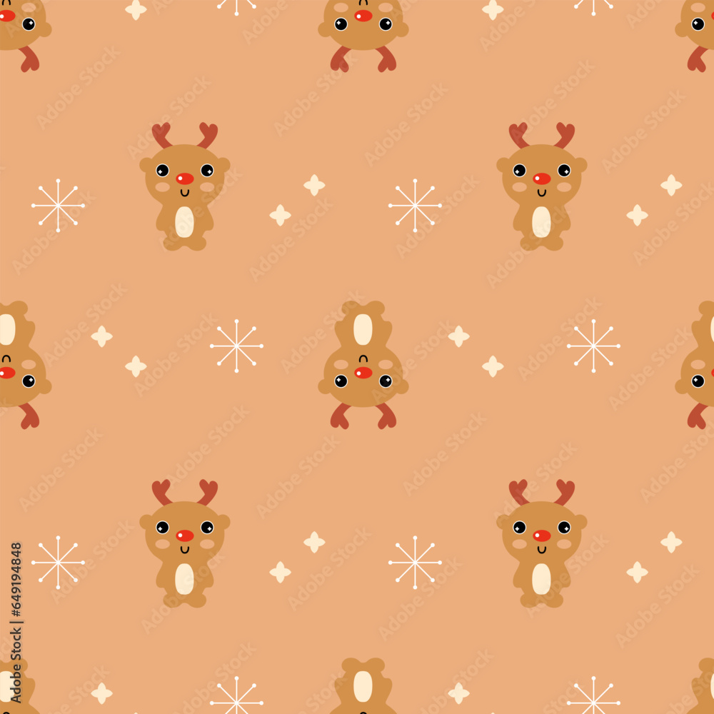 New year cartoon seamless pattern with deers and stars. Merry Christmas print for tee, paper, textile and fabric. Cute vector illustration for decor and design.