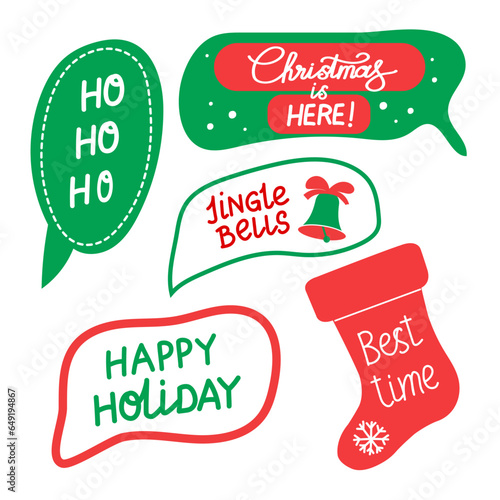 Christmas stickers set. Winter festive quotes. Cute holiday badges, lettering, doodle quotes, stickers. Vector illustration.