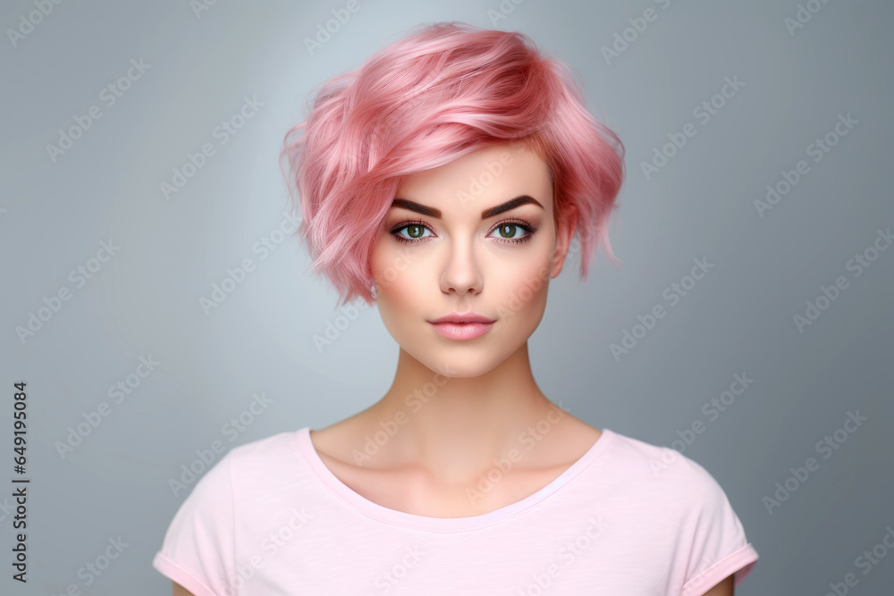 Portrait of beautiful young woman with pink short hair isolated on gray background, front view.generative ai
