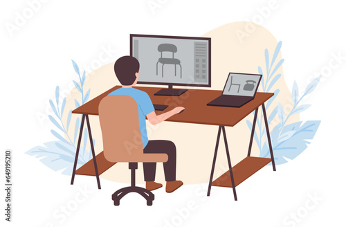 Designer make furniture design, vector man in studio with computer and laptop constructs models for furniture production