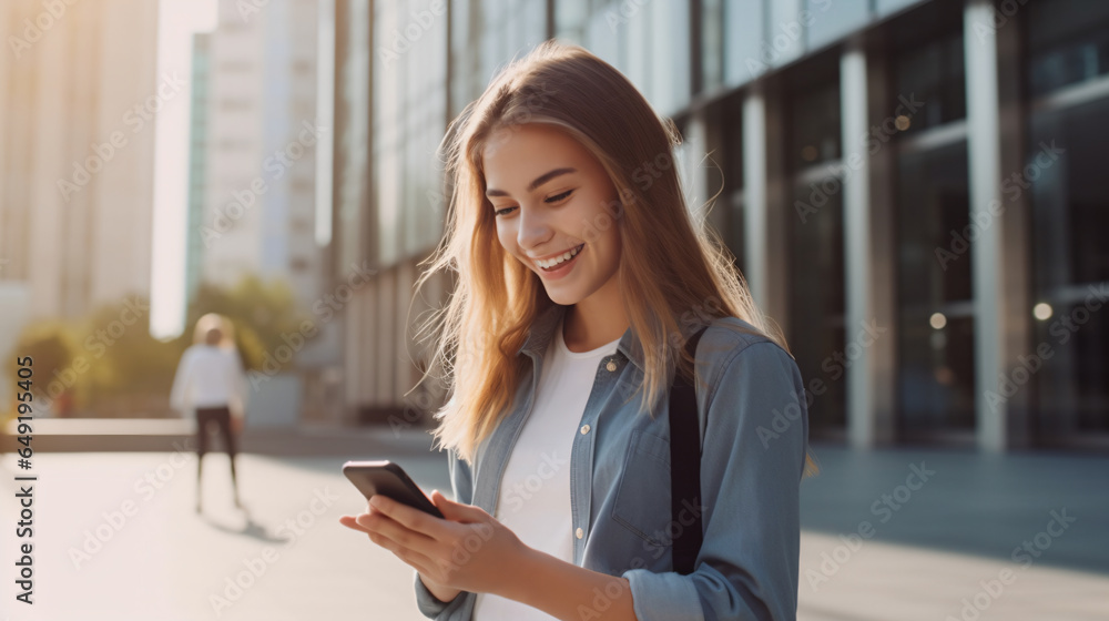 Smiling student girl texting on mobile phone outdoor - Generative AI Smiling student girl texting on mobile phone outdoor - Generative AI