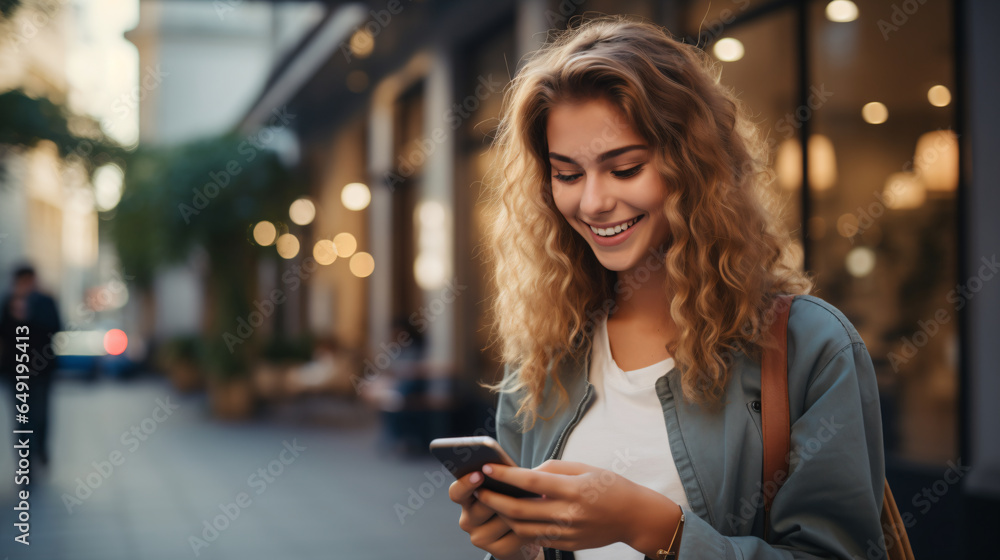 Smiling student girl texting on mobile phone outdoor - Generative AI Smiling student girl texting on mobile phone outdoor - Generative AI