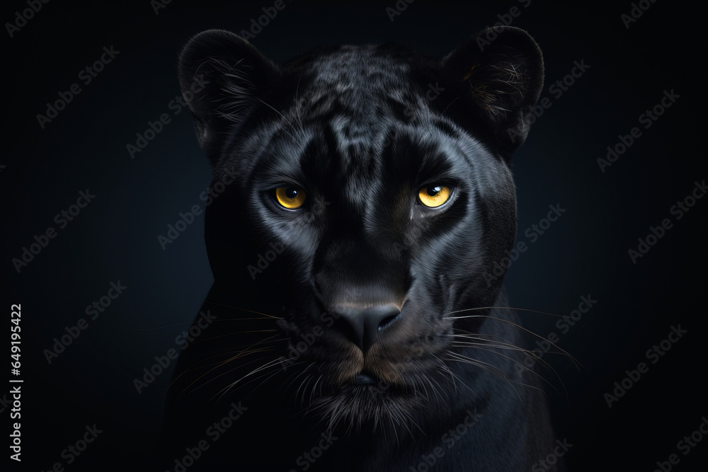 Beautiful black panter with yellow eyes on a dark background, close-up front view.generative ai
