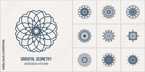 Arabic circular geometric symbols set. Vector linear mosaic oriental ornamental emblems
