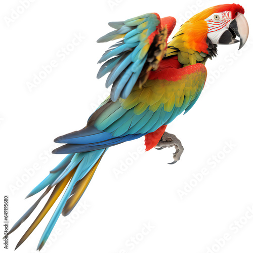 Colourful macaw parrot flying isolated on transparent