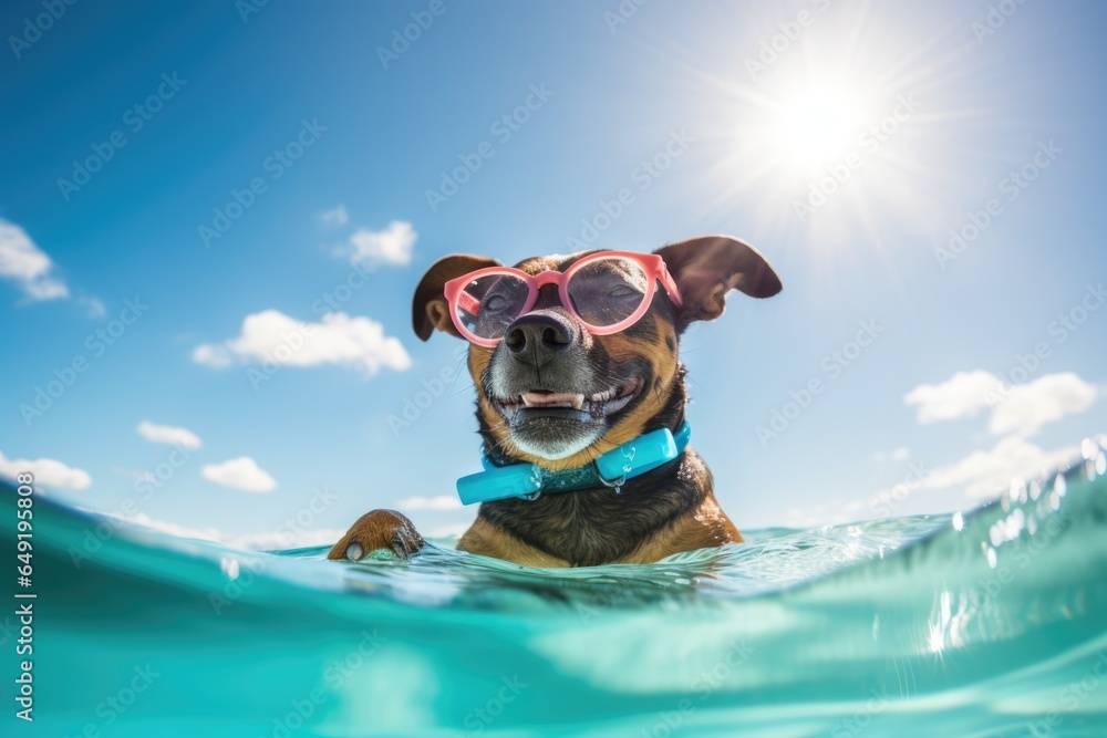 dog with sunglasses in floating ring