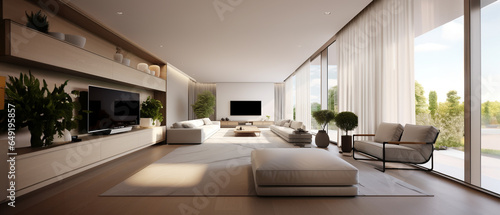 interior room mockup design and decoration, modern style beige and earth tone color funiture, fabric beige sofa with pillows, wooden color floor apartment with balcony panoramic view.