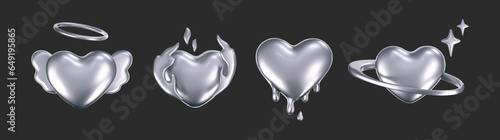 3d chrome hearts in y2k style isolated on dark background. Render of 3d silver hearts with galaxy planet, stars, fire flame, angel wings and glossy effect. 3d vector y2k illustration.