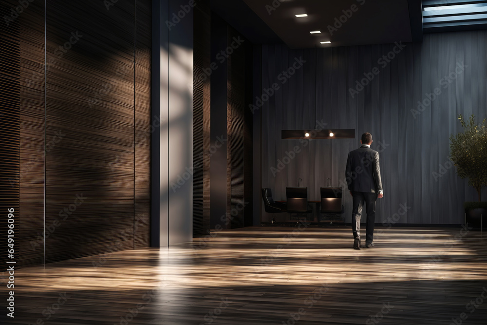A businessman or man dressed in a suit walking down the corridor of a large room or building.generative ai
