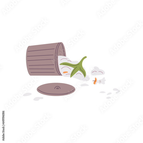 Pet mess and chaos, overturned trash can, scattered garbage, naughty mischievous dog or cat behavior vector illustration