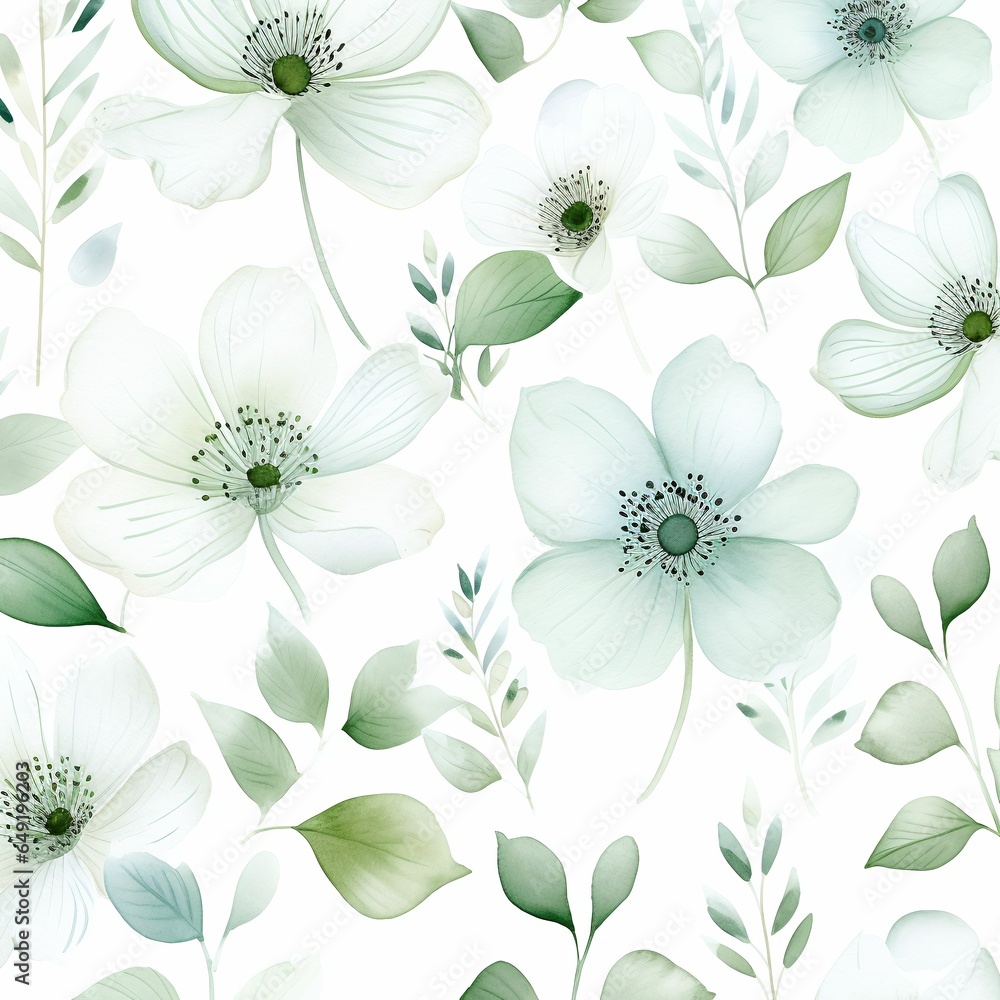 Seamless floral pattern with white anemones and green leaves. Vector illustration. Floral background.