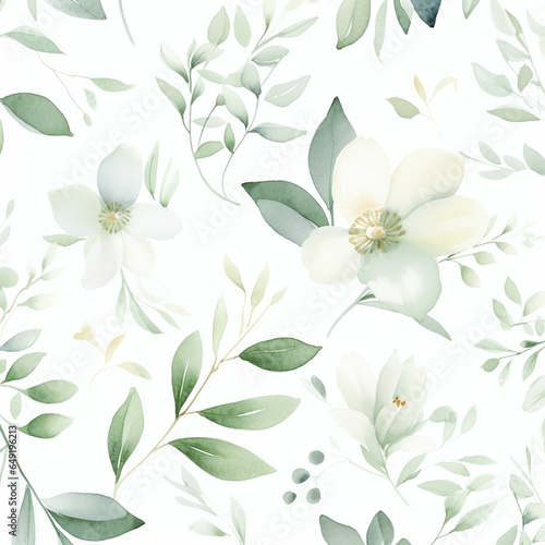 Delicate and minimalist seamless pattern with watercolor flowers and leaves on white background.