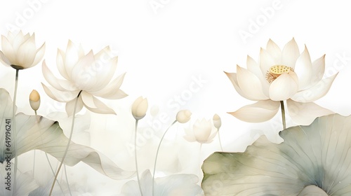Delicate and minimalist white lotus flowers with subtle leaves, on white background, seamless pattern texture. Floral background.