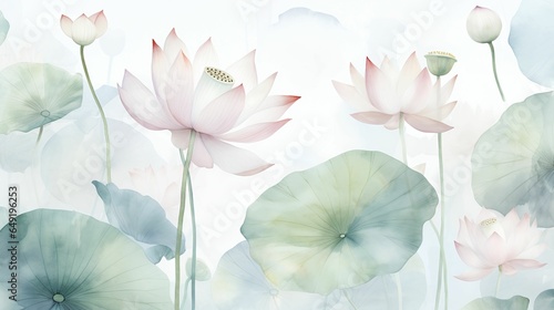 Fototapeta Naklejka Na Ścianę i Meble -  Beautiful lotus flowers in watercolor style, vector illustration. Lotus seamless pattern, green leaves. Floral card.