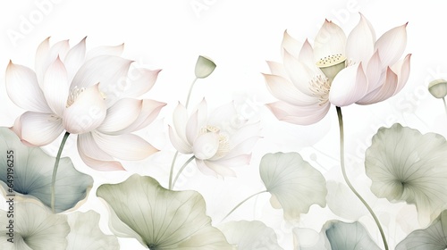 Beautiful lotuses with green leaves on watercolor background. Vector illustration. Template design for textiles, interior, wallpaper.