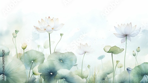 White lotus with green leaves on watercolor background. Vector illustration. Template design for textiles, interior, wallpaper.