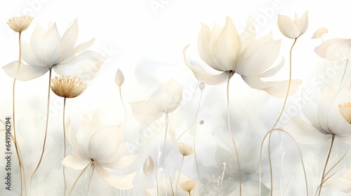 White lotus flowers on a white background. Lotus seamless pattern. Floral card. Watercolor.