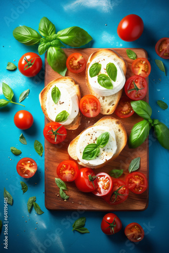 Sandwiches with mozzarella cheese and cherry tomatoes and basil on a beautiful blue background and a beautiful wooden board, top view.generative ai

