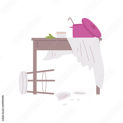 Pet mess overturned chair, broken plate, dining table with pan and torn tablecloth, clutter disorder vector illustration