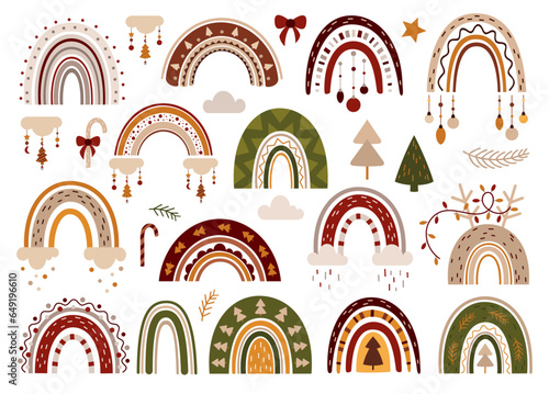 Boho Christmas rainbows clipart in flat style. Merry Christmas clipart. Vector illustration