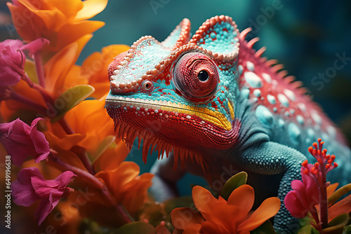 Beautiful colorful chameleon among plants, close up view.generative ai
