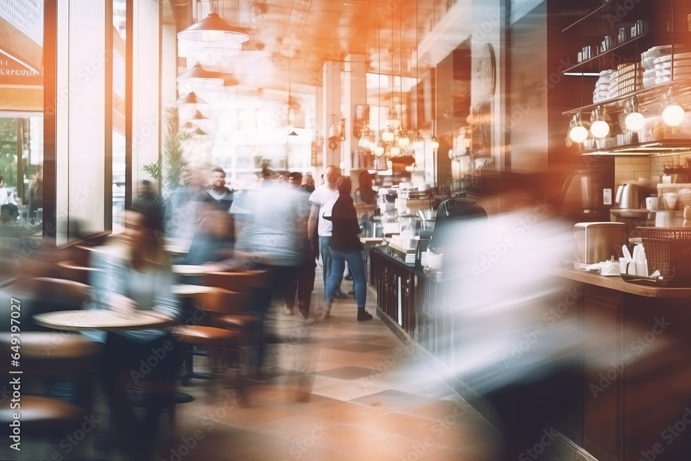 Image with motion blur of guests and customers walking in hipster bakery cafe or coffee shop restaurant. Blurred catering business background, chefs and waiters working. Fast movement, beige colors - obrazy, fototapety, plakaty 