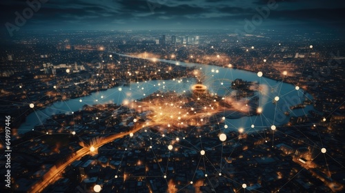 big city at night with network lines connected to satellites  cityscapes  circular shapes  industrial photography. High quality photo. top view