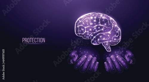 Two human hands are holds human brain. Support healthy brain concept. Wireframe glowing low poly design on dark background. Abstract futuristic vector illustration
