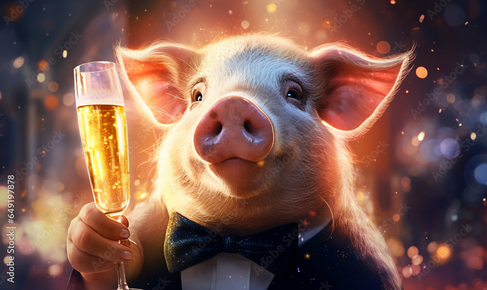 fröhliches  Glücksschwein mit Champagner am Silvesterabend - obrazy, fototapety, plakaty 