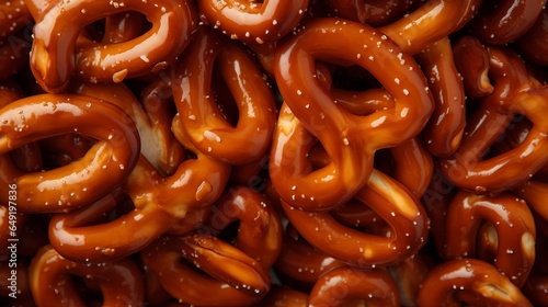 a macro image of a texture of freshly cooked yellow crispy german pretzels. Close-up. filling the frame.