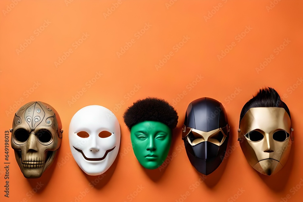 Halloween masks arranged in a row on an orange background - obrazy, fototapety, plakaty 