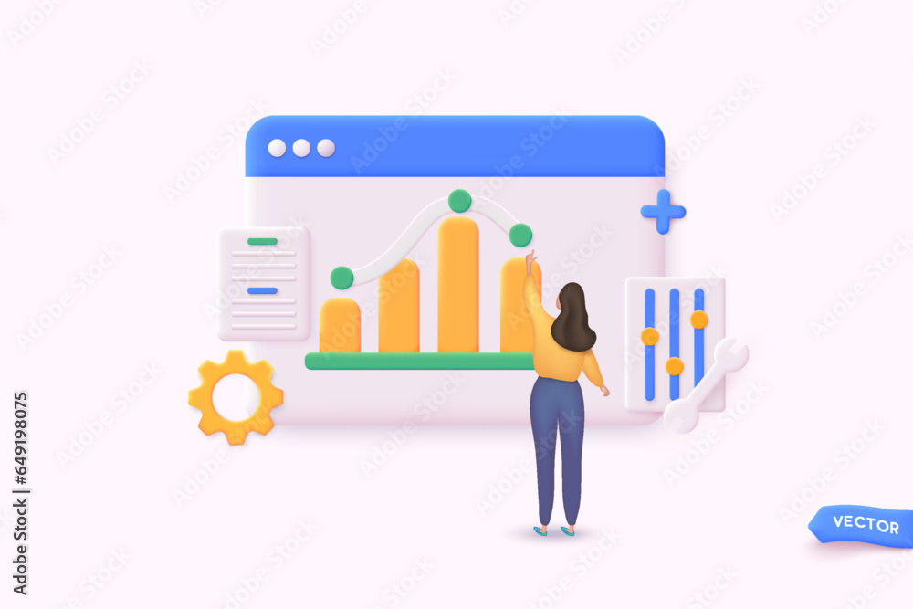 Data analytics, dashboard and business finance report. investment or website SEO screen PC concept. 3D Web Vector Illustrations.