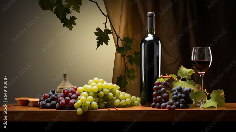 a bunch of grapes with an elegant bottle of grape vine