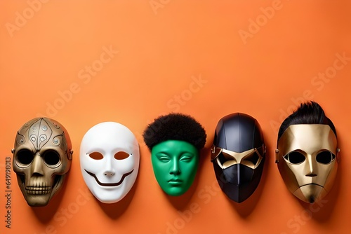Halloween masks arranged in a row on an orange background